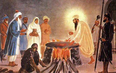 Portrait of Guru Arjan Dev, the fifth Sikh Guru, shown in traditional Sikh attire with a calm and spiritual expression, representing sacrifice, peace, and devotion during his martyrdom remembrance.
