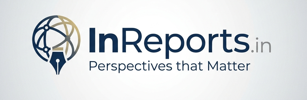 InReports.in official logo featuring a minimalist blue and gold globe-and-pen icon with the tagline Perspectives that Matter