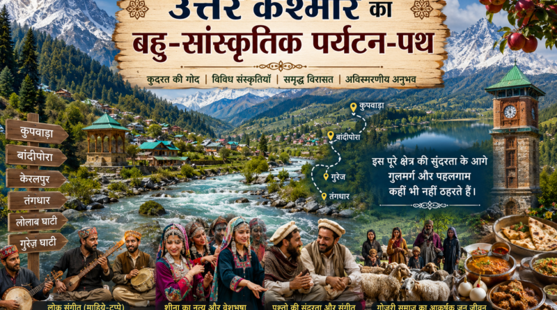 Illustrated cover featuring the scenic landscapes of North Kashmir, showcasing snow-capped mountains, lush green valleys, alpine lakes, traditional Kashmiri wooden houses, vibrant tulip fields, and the region's rich cultural heritage. The title "उत्तर कश्मीर का बहु-सांस्कृतिक पर्यटन-पथ" is prominently displayed in elegant Hindi typography.