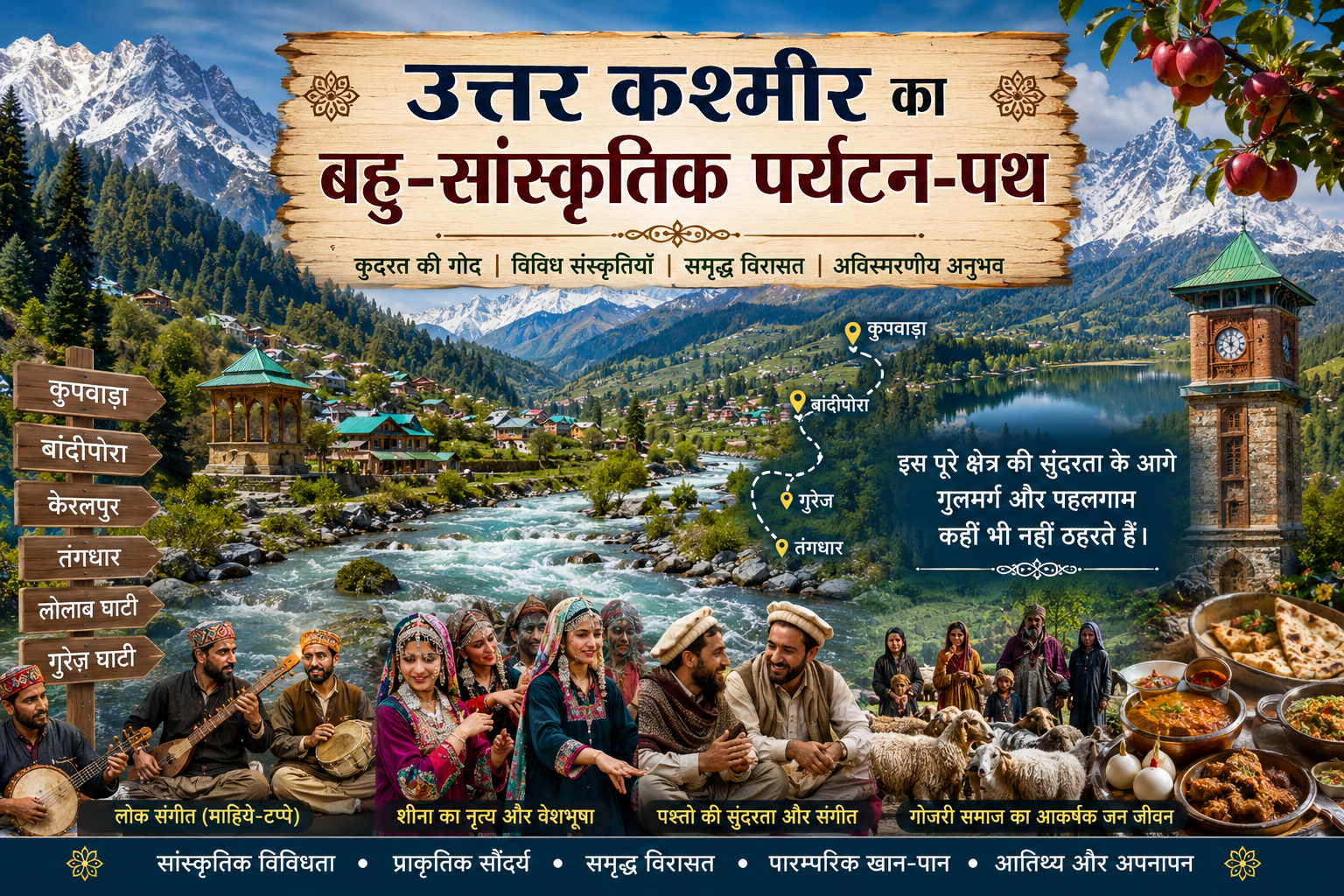 Illustrated cover featuring the scenic landscapes of North Kashmir, showcasing snow-capped mountains, lush green valleys, alpine lakes, traditional Kashmiri wooden houses, vibrant tulip fields, and the region's rich cultural heritage. The title "उत्तर कश्मीर का बहु-सांस्कृतिक पर्यटन-पथ" is prominently displayed in elegant Hindi typography.