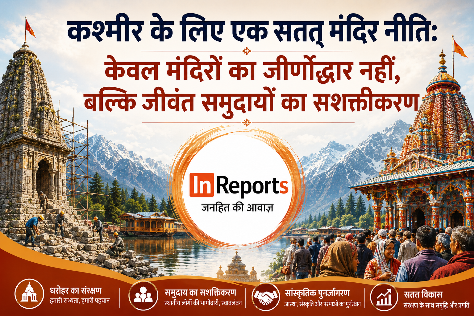 A feature graphic showing Kashmir's snow-covered mountains with two temples—one under restoration and another active with devotees—symbolizing heritage conservation and community revival. The center displays the InReports logo beneath the Hindi title: "कश्मीर के लिए एक सतत मंदिर नीति: केवल मंदिरों का जीर्णोद्धार नहीं, बल्कि जीवंत समुदायों का सशक्तीकरण", with icons highlighting heritage conservation, community empowerment, cultural revival, and sustainable development.