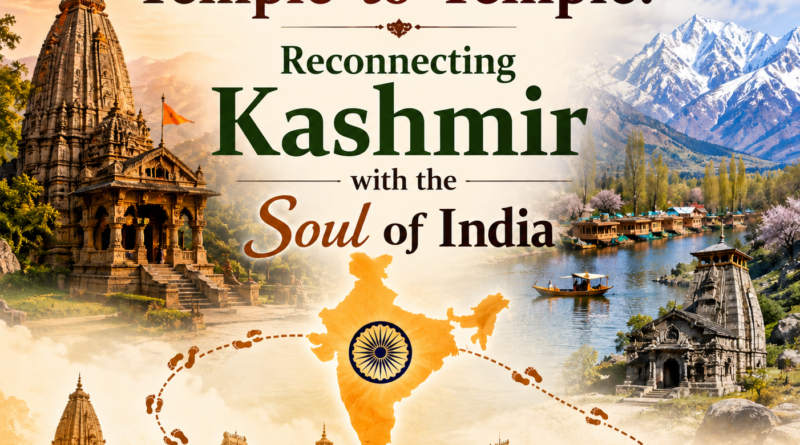 A feature image showing temples across India connected symbolically to Kashmir's temple heritage. Snow-covered mountains, a temple beside a lake, the map of India, and a trail linking different temples appear around the Hindi title, “मंदिर से मंदिर: कश्मीर को भारत की आत्मा से पुनः जोड़ना”.