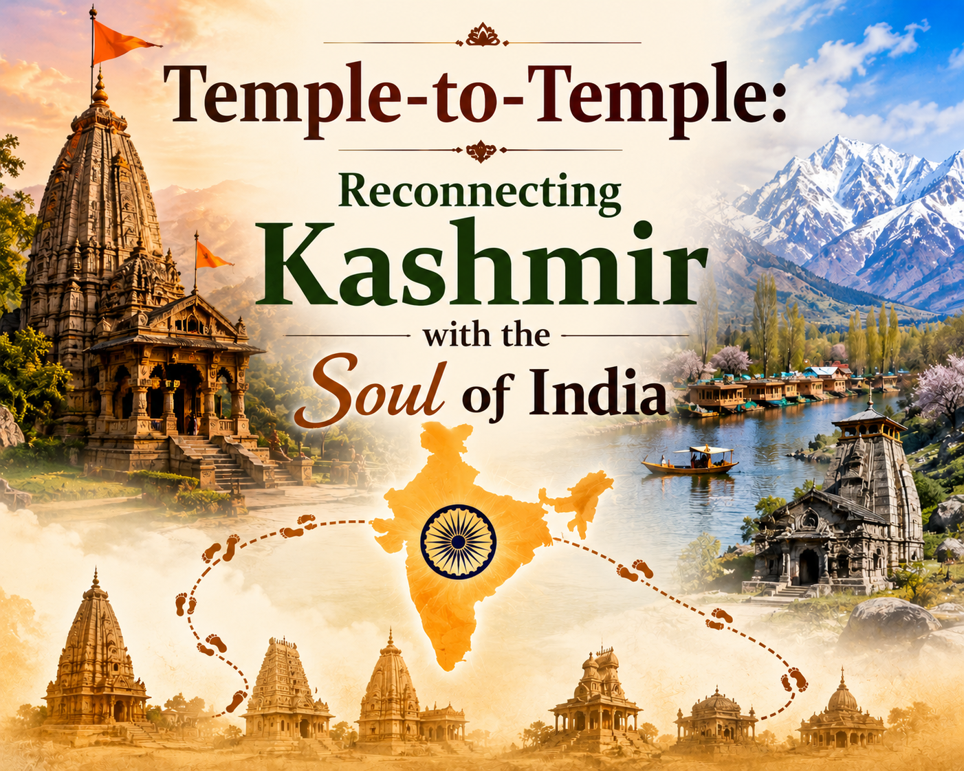 A feature image showing temples across India connected symbolically to Kashmir's temple heritage. Snow-covered mountains, a temple beside a lake, the map of India, and a trail linking different temples appear around the Hindi title, “मंदिर से मंदिर: कश्मीर को भारत की आत्मा से पुनः जोड़ना”.