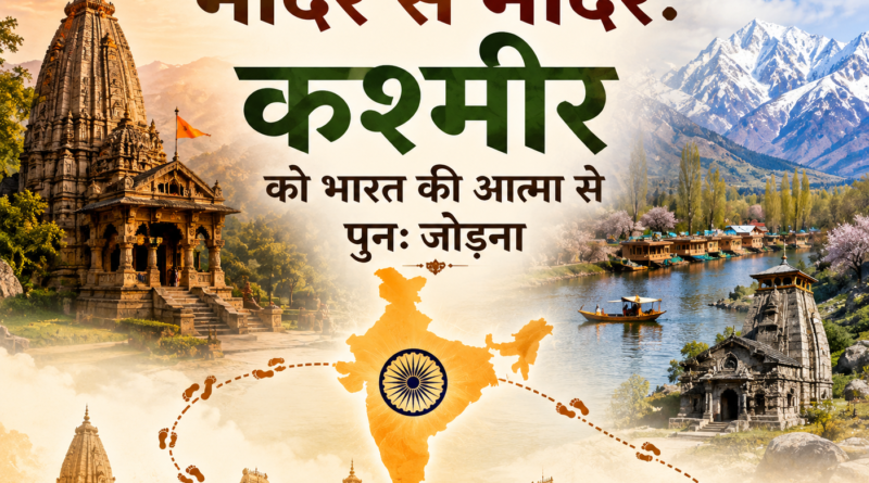 A feature image showing temples across India connected symbolically to Kashmir's temple heritage. Snow-covered mountains, a temple beside a lake, the map of India, and a trail linking different temples appear around the Hindi title, “मंदिर से मंदिर: कश्मीर को भारत की आत्मा से पुनः जोड़ना”.